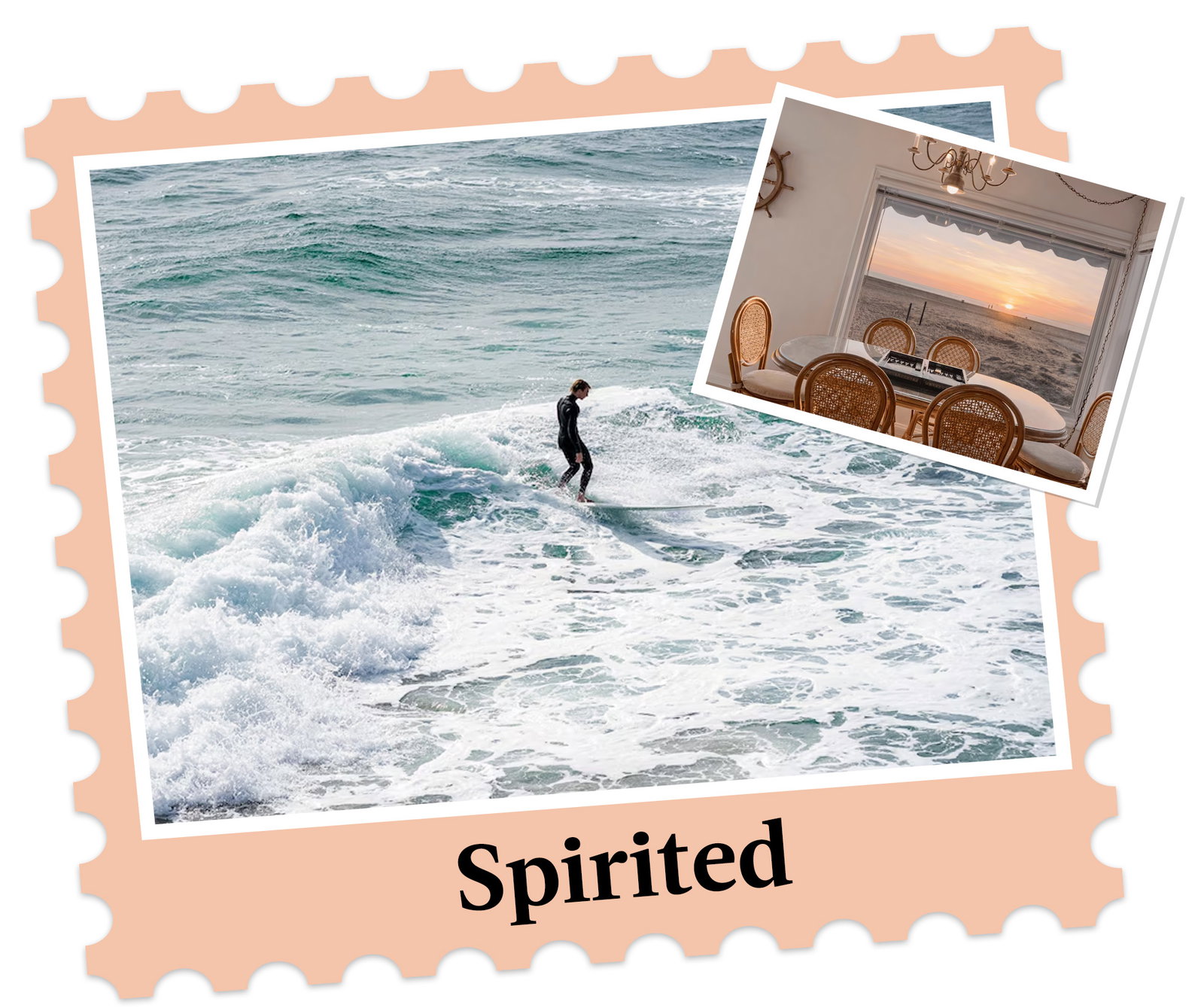 Surfer riding an ocean wave; inset shows dining area with large window overlooking the beach.