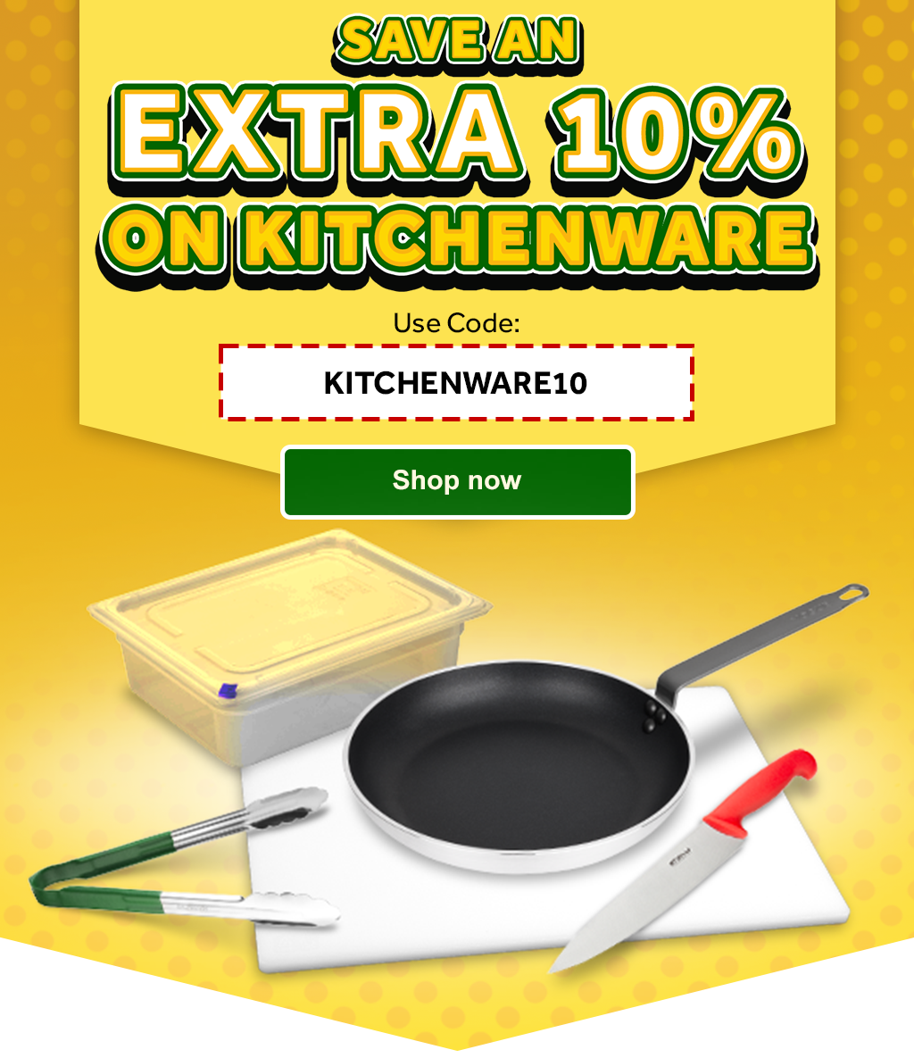 "SAVE AN EXTRA 10% ON KITCHENWARE. Use Code: KITCHENWARE10. Shop now >.” At the bottom of the image, several kitchen items are displayed on a white cutting board: a black non-stick frying pan with a silver handle, a chef’s knife with a red handle, a pair of metal tongs with green grips, and a clear plastic food storage container with a fitted lid. The overall design uses bright yellow tones with subtle dot patterns to emphasize a cheerful promotional sale.