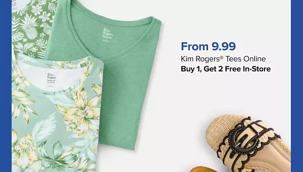 Buy one, get two free Kim Rogers tees. Three tee shirts with different prints on them.