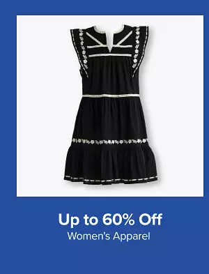 Up to 60% off womens apparel. Shop now. A black dress.