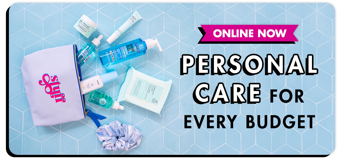 Personal Care for Every Budget. Beauty supplies arranged on a tiled surface.