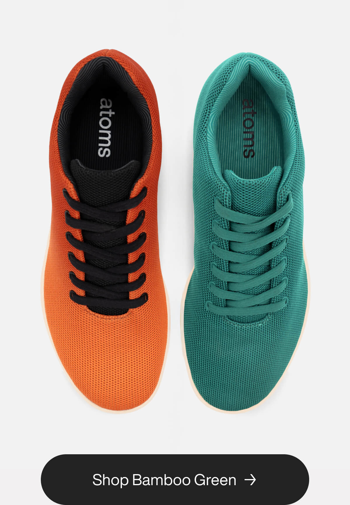 "Orange and bamboo green sneakers side by side on a white background. Text below reads "Shop Bamboo Green.""