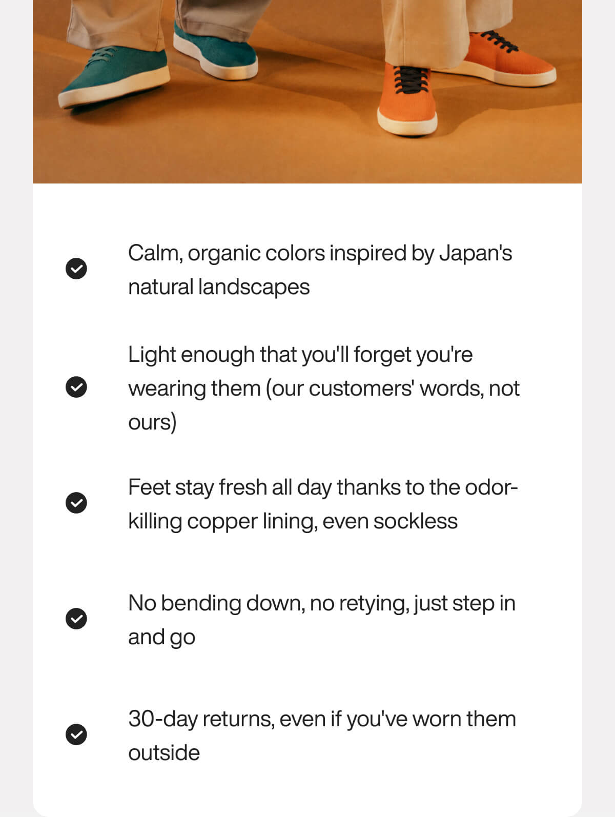 "Two pairs of colorful shoes on a brown floor, highlighting comfort, freshness, ease of wear, and a 30-day return policy."