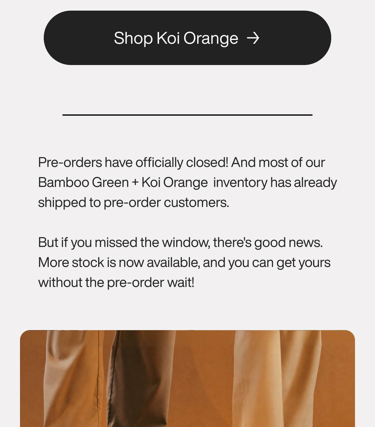 ""Shop Koi Orange now! Pre-orders closed, but more stock is available. Get Bamboo Green + Koi Orange without the wait!""