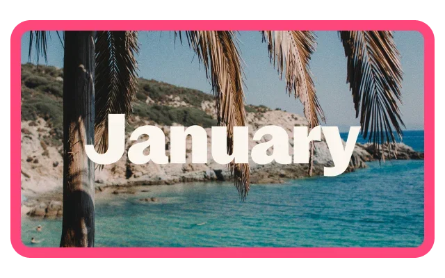Coastal cove with clear turquoise water and rocky shoreline, viewed through overhanging palm fronds in the foreground. A palm tree trunk stands on the left side of the image, with rugged hills and rocks surrounding the bay. Large white text reading 'January' is displayed across the centre of the image, and the scene is framed by a bright pink border.