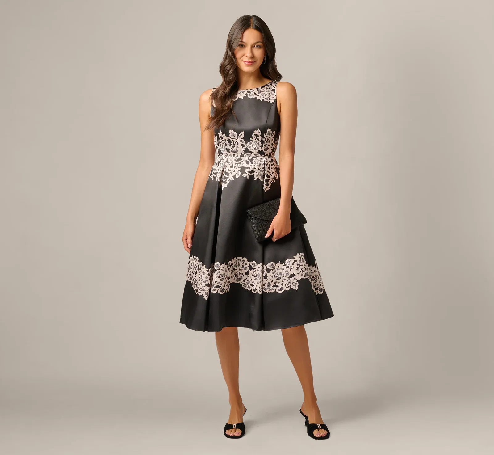 Image of Lace Print Fit And Flare Midi Dress In Black Ecru