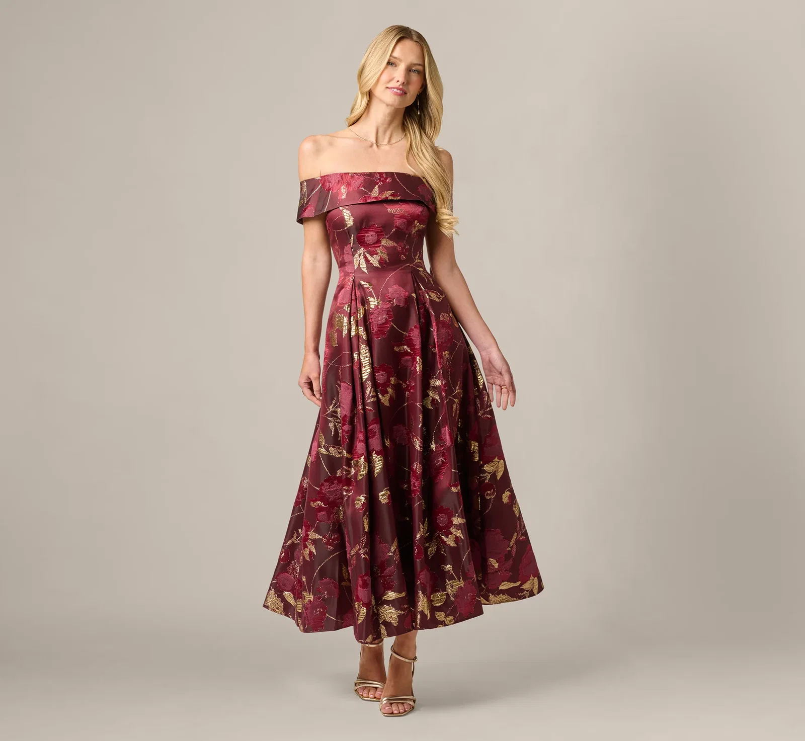 Image of Off Shoulder Metallic Jacquard Midi Dress In Burgundy Gold