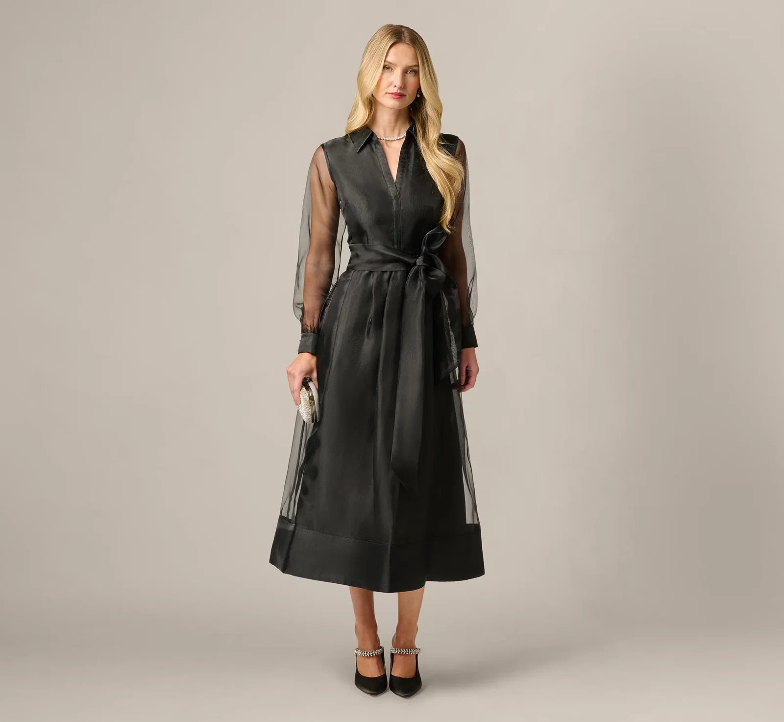 Image of Long Sleeve Organza Collared Ankle Length Midi Dress In Black