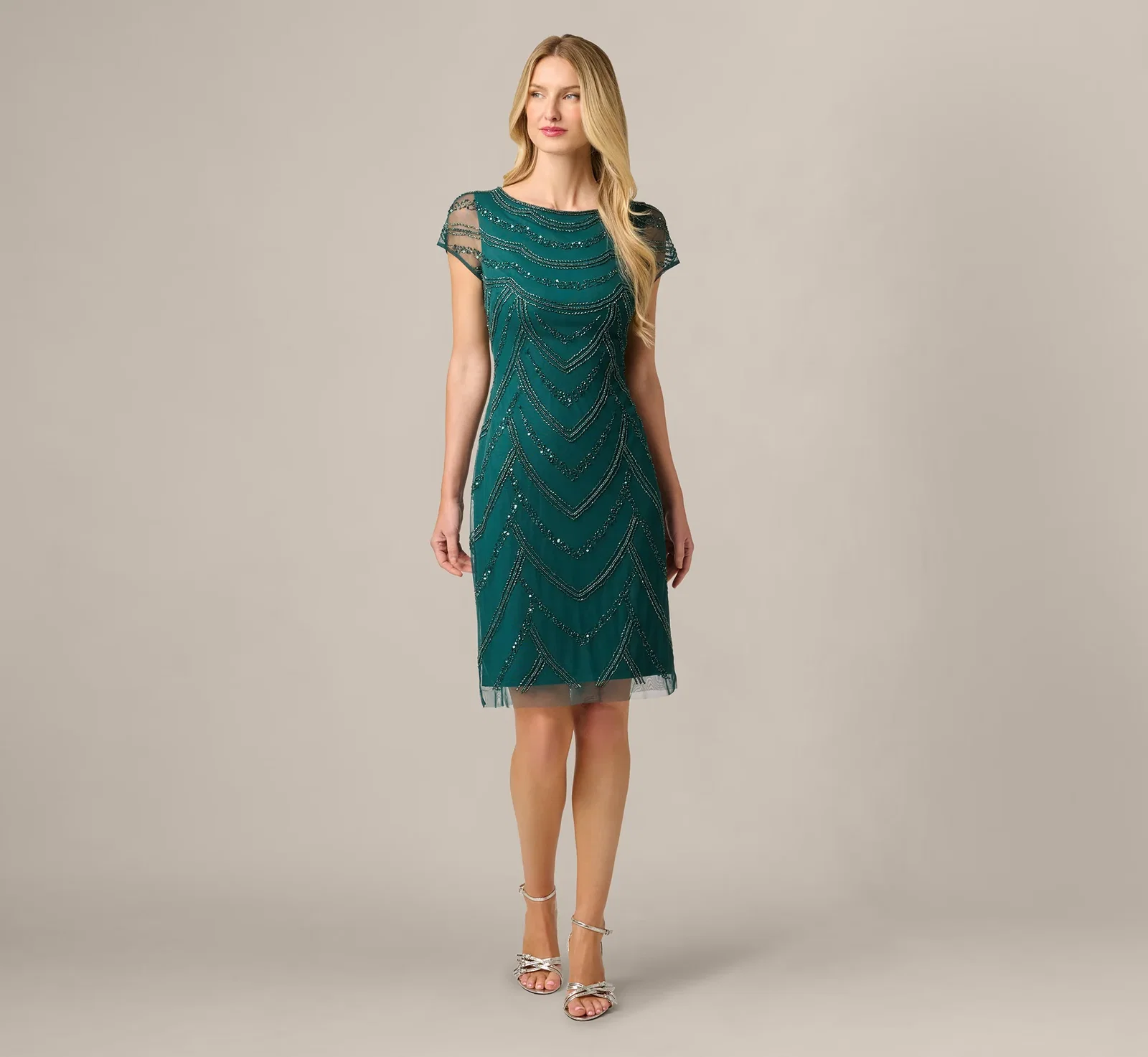 Image of Deco Beaded Cocktail Dress With Sheer Cap Sleeves In Gem Green