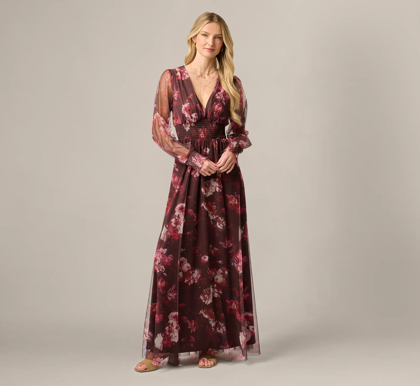 Image of Bishop Sleeve Floral Mesh Maxi Dress In Brown Multi