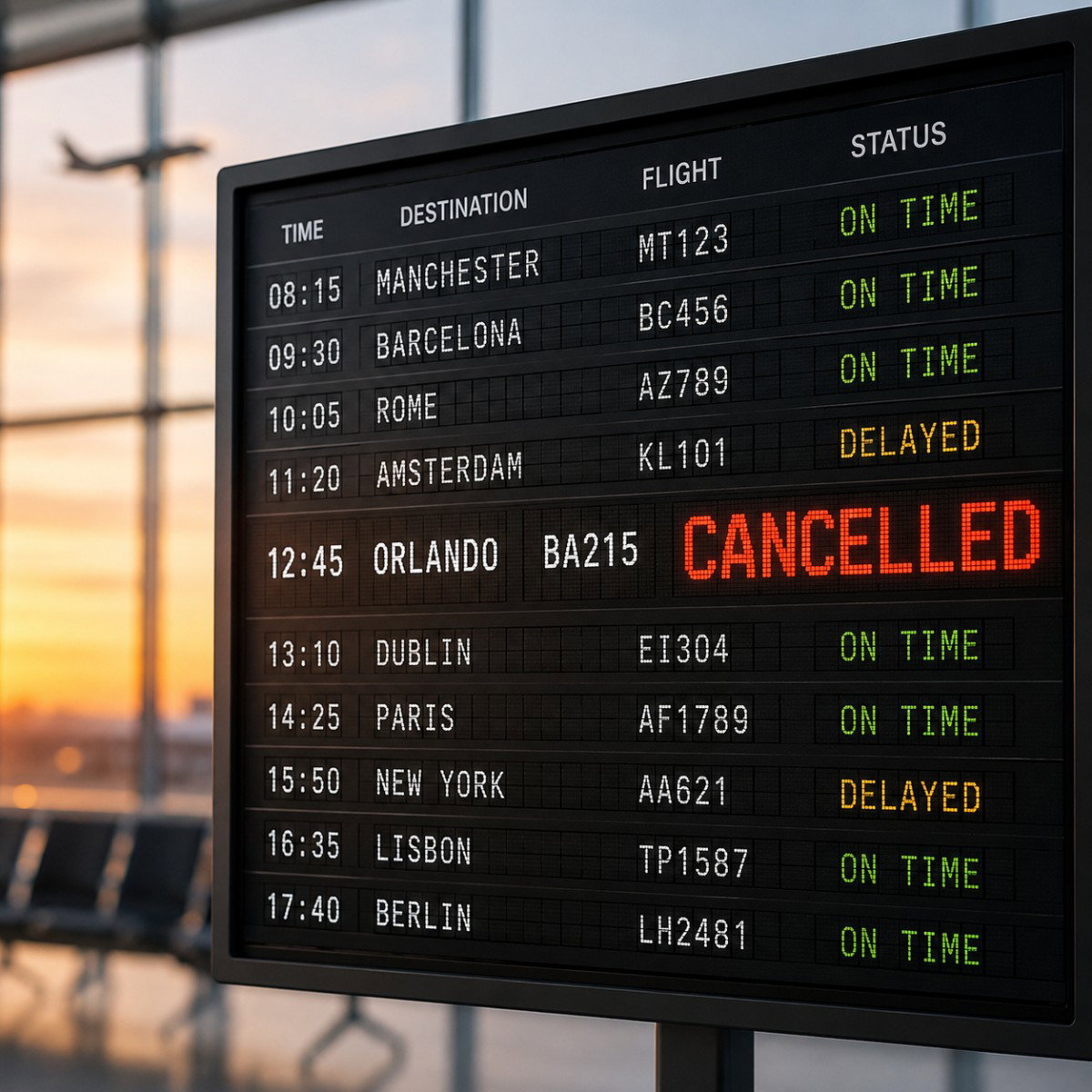 Airport departure board showing a flight marked as cancelled.