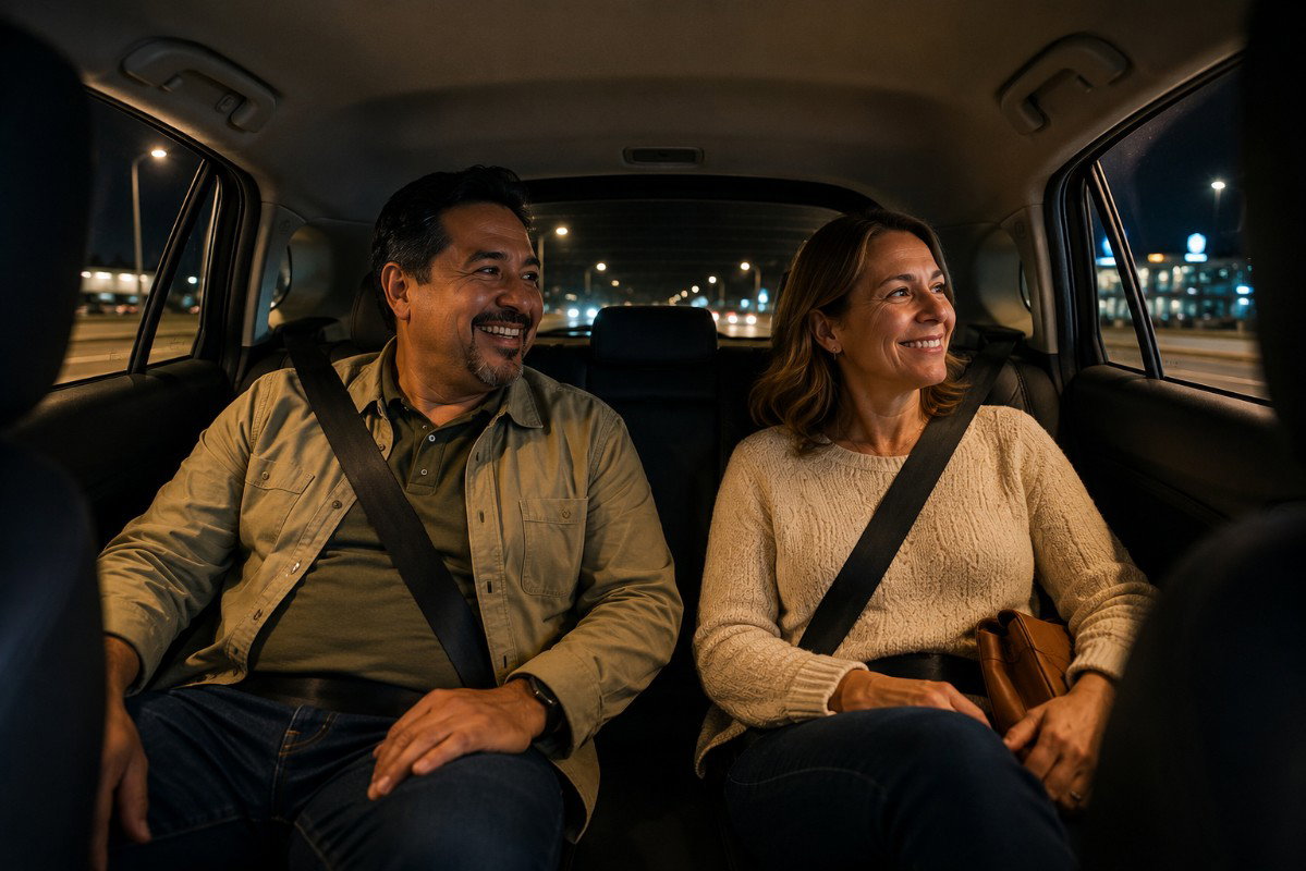 Smiling middle-aged couple relaxing in the back seat of a car during a night-time journey.
