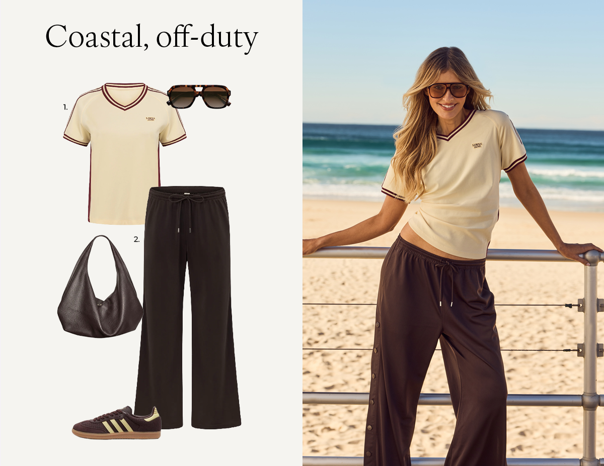 Elle wearing the Team Player V-Neck Slim T-Shirt and Retro Snap Pants at the beach.