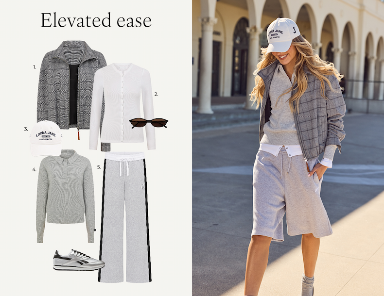 Elle wearing the Studio Jacket, Feeling Fine Knit Polo Top, and Dance Pants.