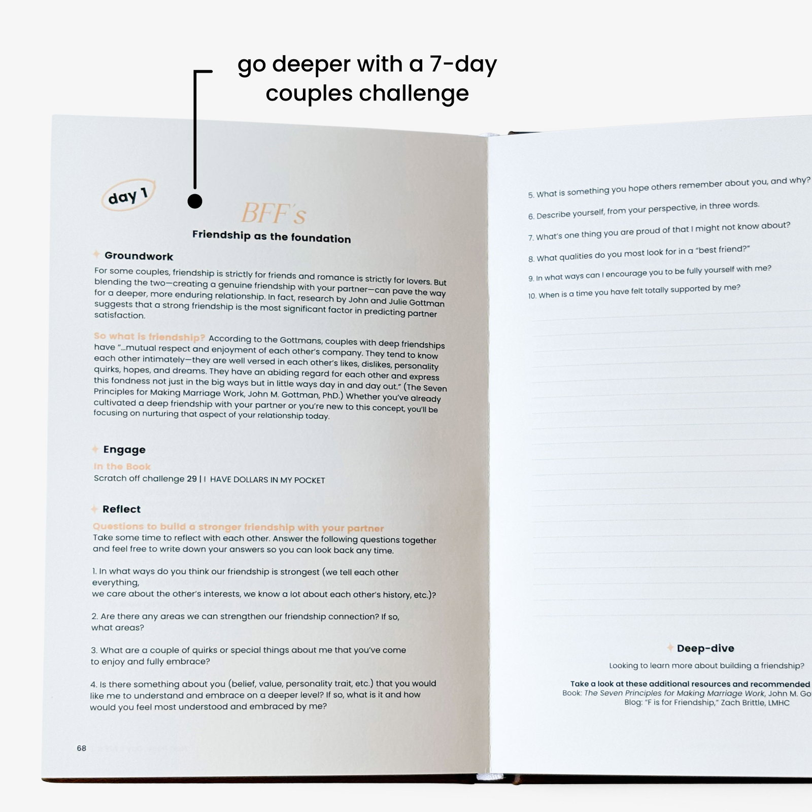 Open spread from the Couples Luxe journal featuring the 1st day of a seven-day couples challenge with guided reading, reflection questions, journaling space, and resources designed to help couples deepen their connection.