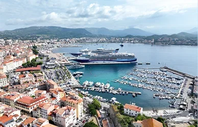 An aerial view of a coastal city with a large harbour with a Marella cruise ship.