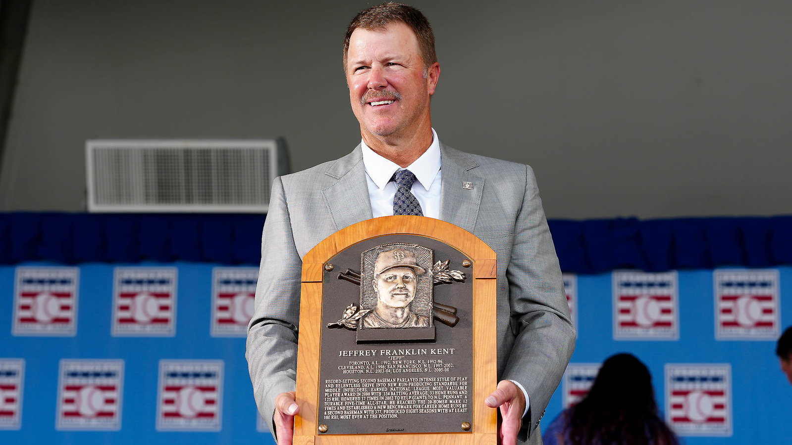 Jeff Kent holds his Hall of Fame plaque