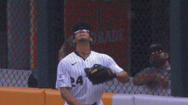 An animated gif of Braden Montgomery making a leaping catch at the wall