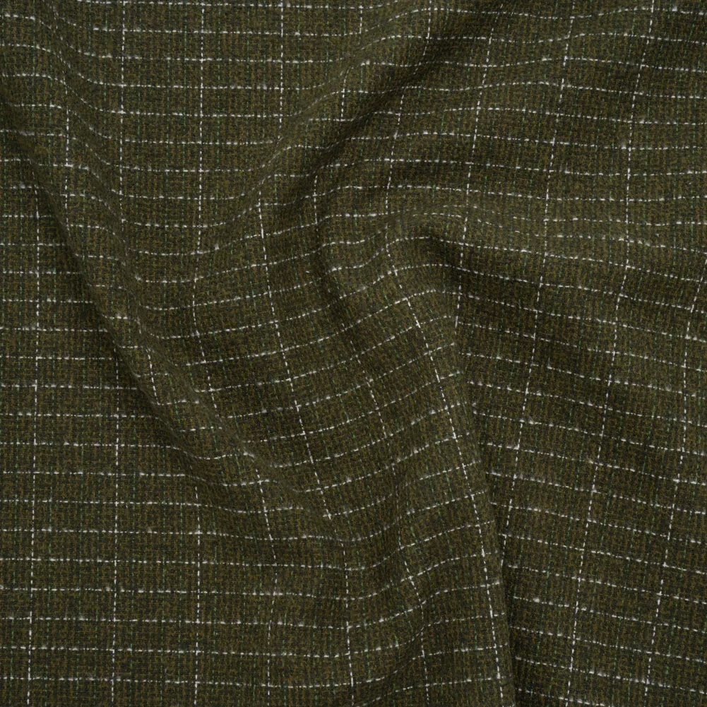 Image of Yarn-Dyed Cotton Flannel - Olive Green and White Rectangle Checks - Deadstock