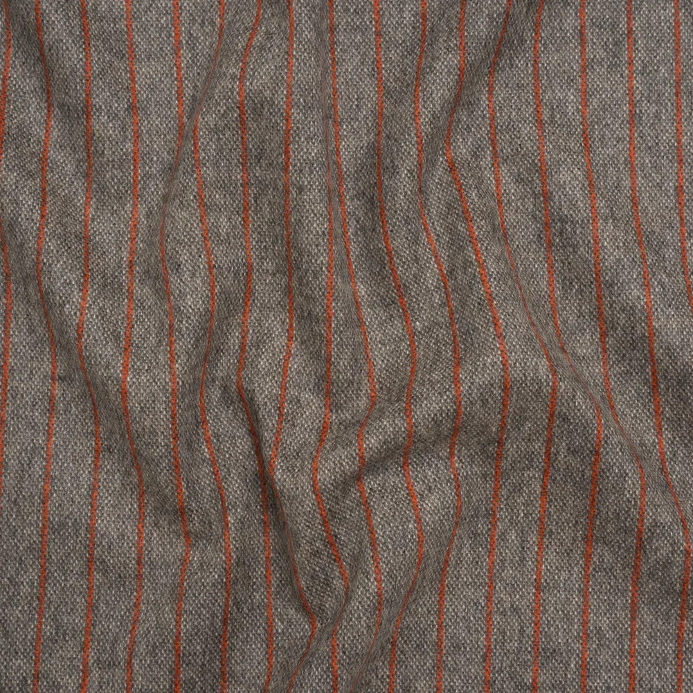 Image of Brushed Wool Twill Made in Italy - Orange and Brown Chalk Stripes - Deadstock