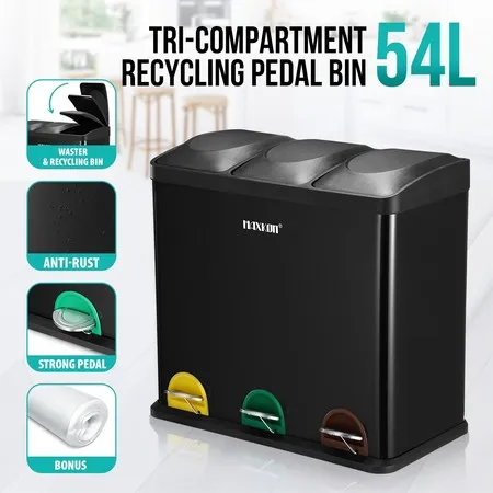 54L Rubbish Bin Triple Compartment Pedal Recycling Kitchen Waste Garbage Household Stepbin Coated Steel Black