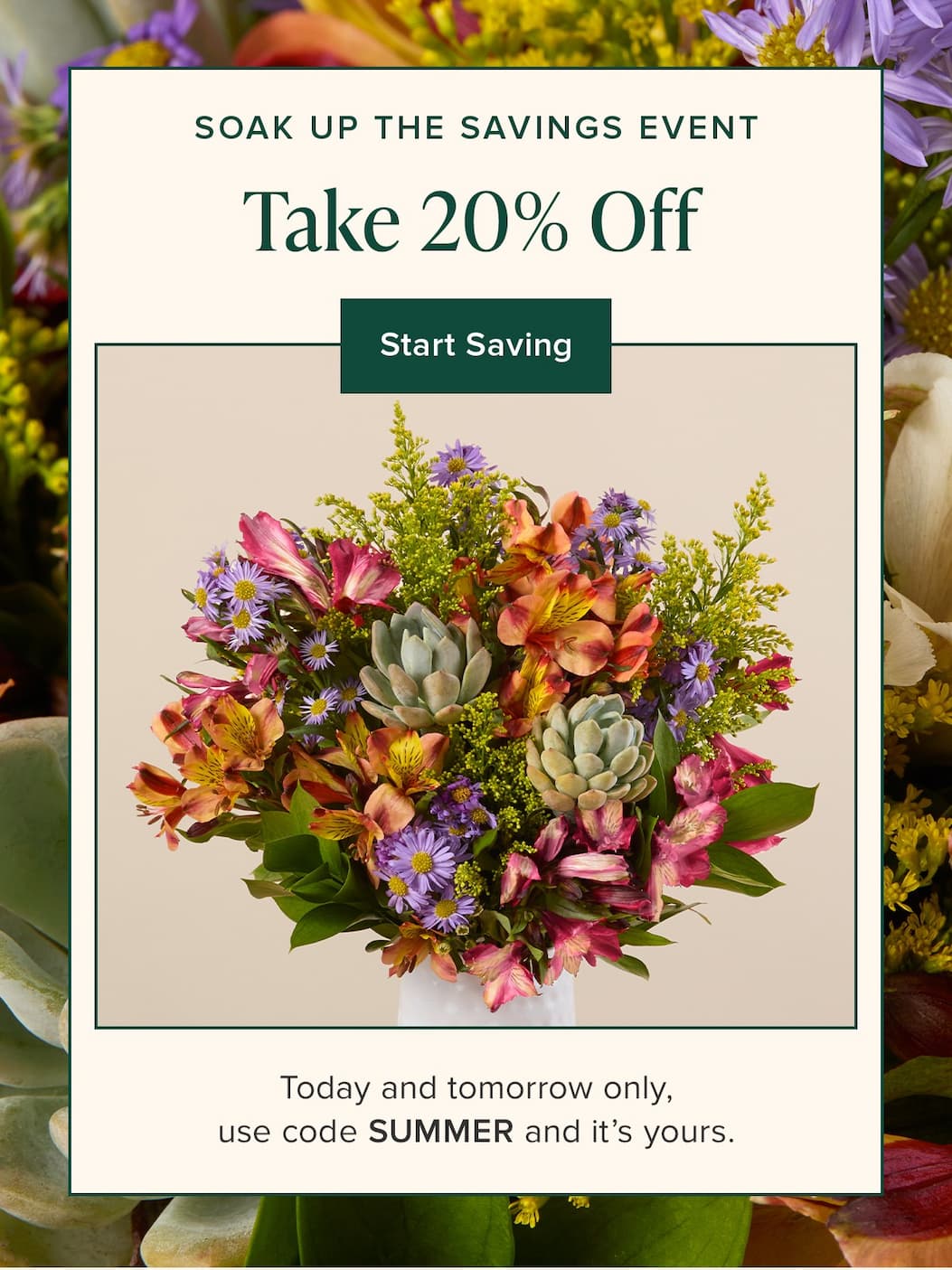 Soak Up The Savings Event. Take 20% Off. Today and tomorrow only, use code SUMMER and it's yours. Start Saving