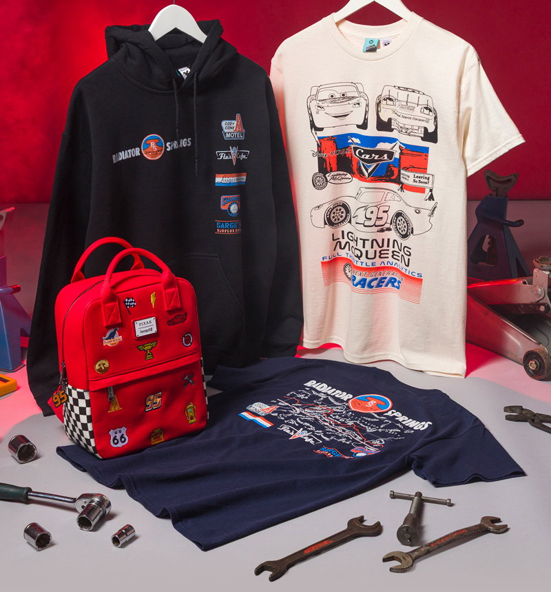 Disney Pixar Cars Radiator Springs Black Hoodie and Navy T-Shirt With Back Prints, Lightning McQueen Natural T-Shirt and Loungefly Disney Pixar Cars Canvas Icons Square Mini Backpack