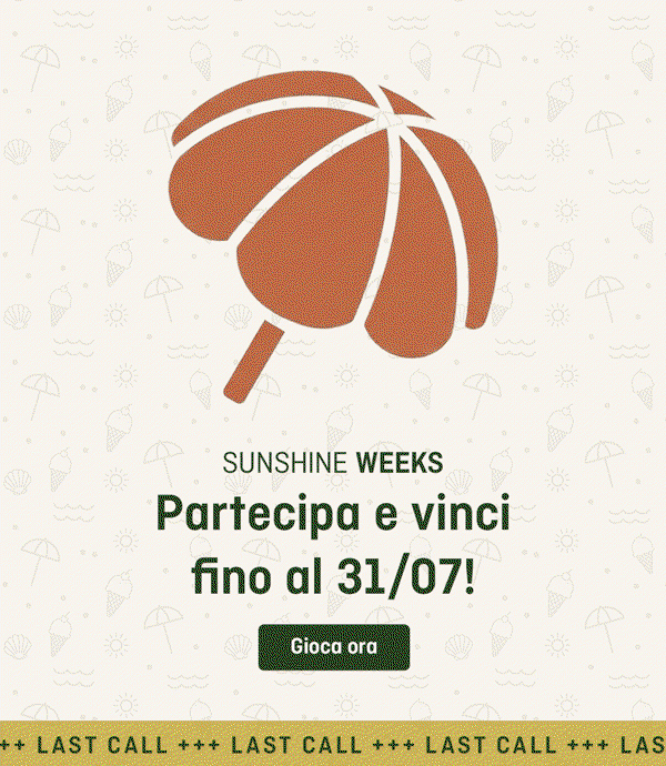Ombrellone bianco e marrone sopra un testo che invita a partecipare entro il 31/07 e il pulsante “Partecipa ora”