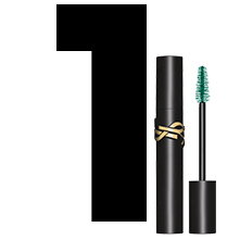 A large black number "1" next to a YSL Lash Clash mascara in a black tube with a green wand.