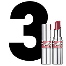 A large black number "3" next to a silver YSL Loveshine lipstick, shown both closed and open in a rosewood shade.