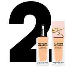 A large black number "2" next to two bottles of YSL All Hours Glow Foundation, showing one open with a pump and one closed with a pink cap.