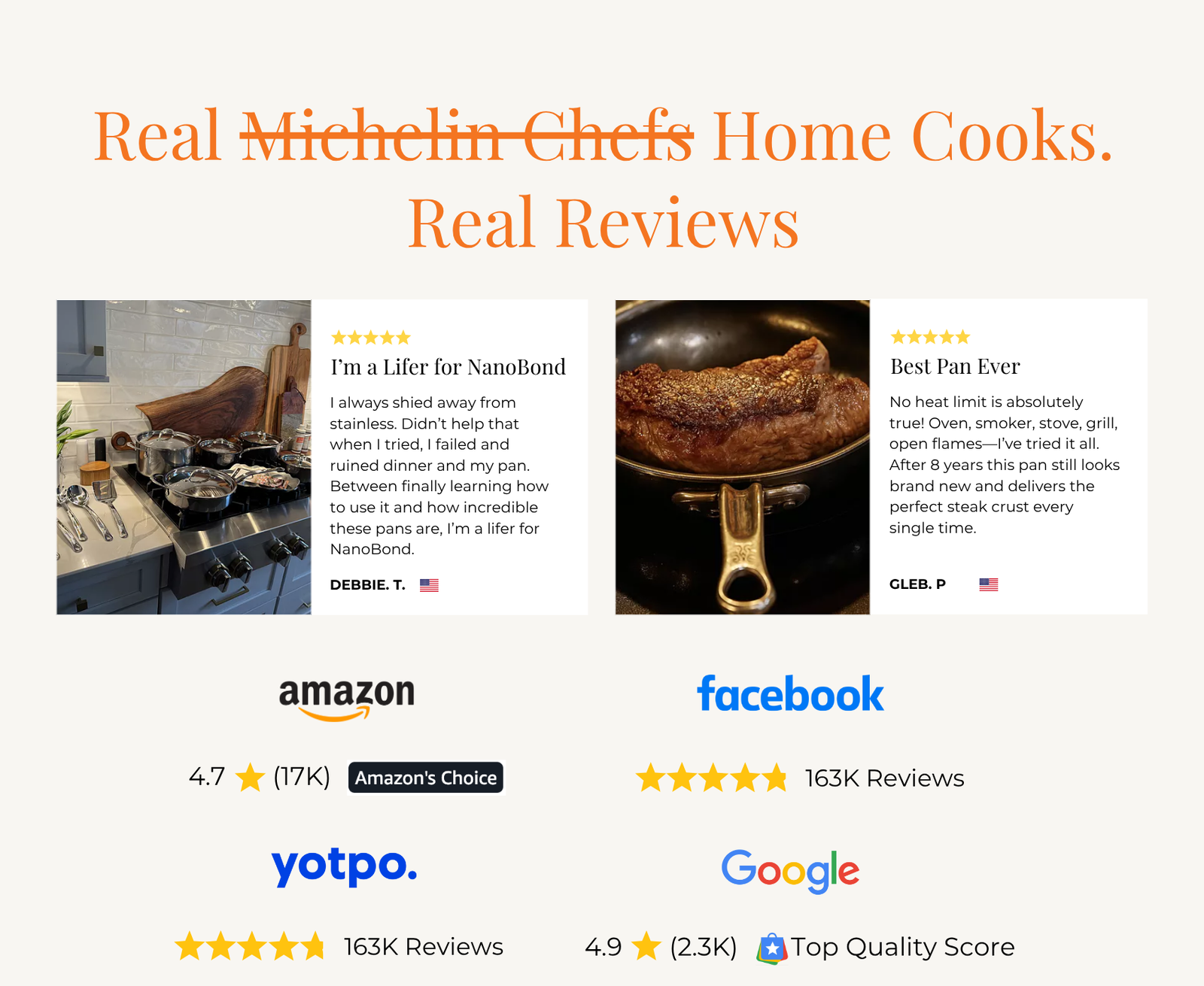 Reviews: Real Home Cooks. Real Reviews. Consumer Debbie says: 5 Stars! I’m a Lifer for NanoBond. I always shied away from stainless. Didn’t help that when I tried, I failed and ruined dinner and my pan. Between finally learning how to use it and how incredible these pans are, I’m a lifer for NanoBond. Consumer Gleb says: 5 Stars! Best Pan Ever. No heat limit is absolutely true! Oven, smoker, stove, grill, open flames—I’ve tried it all. After 8 years this pan still looks brand new and delivers the perfect steak crust every single time. Amazon, Facebook, and Google Consumers together rate Hestan as a 4.7-4.9 Star Business for Product and Customer Service.