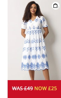 M&Co White & Blue Broderie Cotton Midi Dress