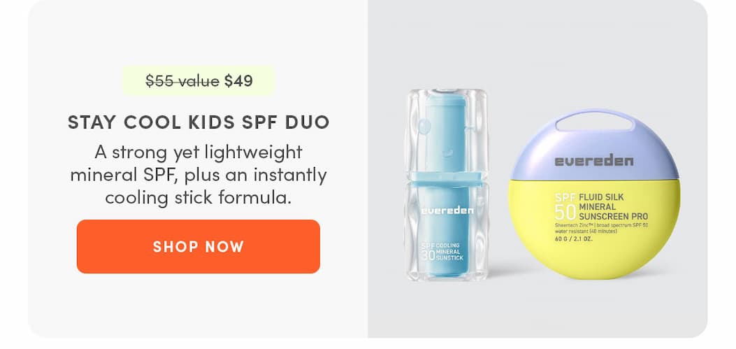 Stay Cool Kids SPF Duo. SPF50 and SPF30, both mineral and lightweight. 