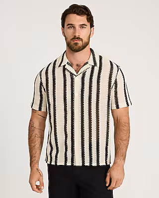 Textured Crochet Striped Cotton Short Sleeve Shirt