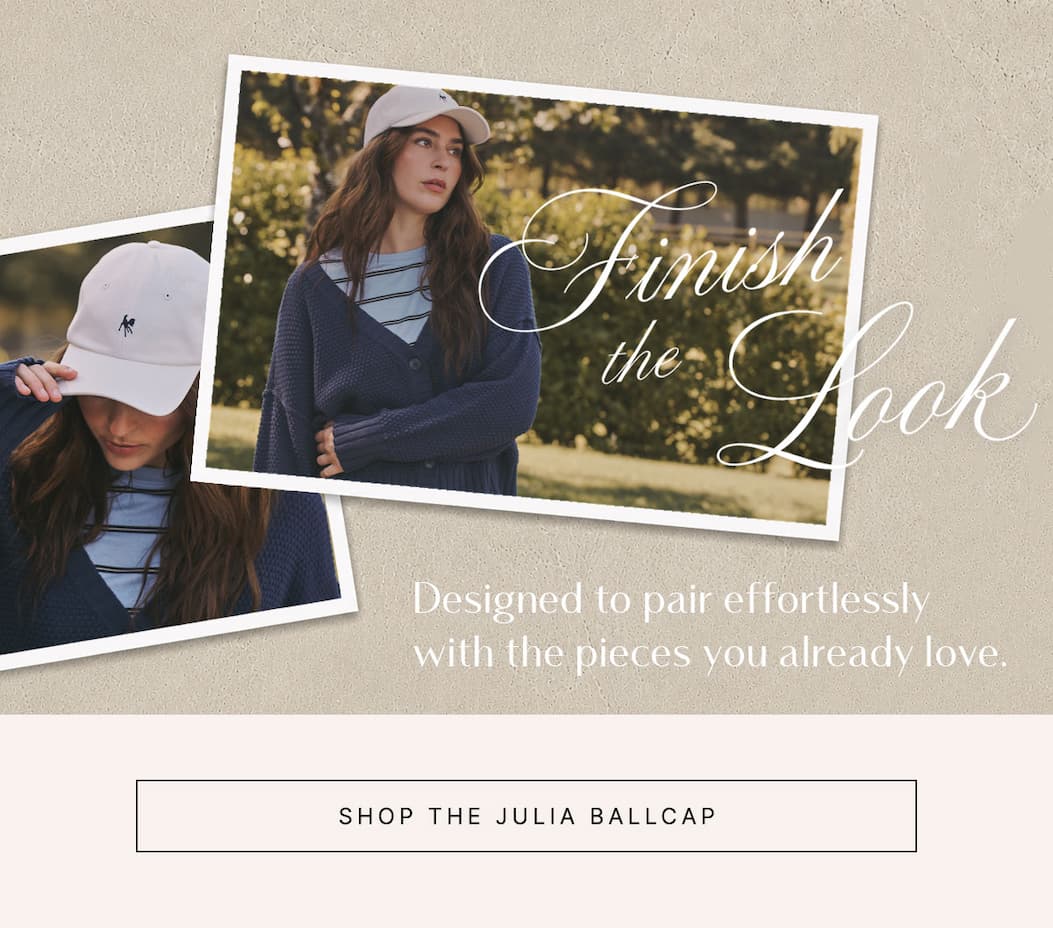 Collage featuring the Julia Ballcap styled with knit layers for an effortless everyday look.