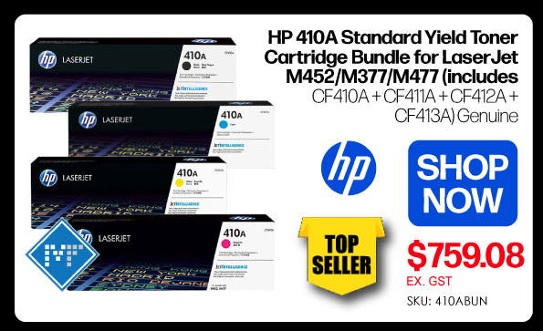 Shop Now HP 410A Standard Yield Toner Bundle for LaserJet M452/M377/M477 Genuine (CF410A + CF411A + CF412A + CF413A) - $759.08 Ex GST