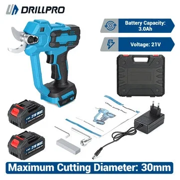 Drillpro 21V Electric Pruner Shear Brushless Motor SK5 High Carbon Steel Blade 30mm Cutting Diameter for 21V Makita Battery Professional Gardening Tool
