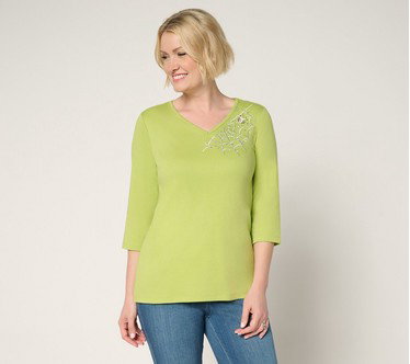 Quacker Factory The Web Embroidered V-Neck 3/4 Sleeve Top