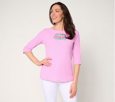 Quacker Factory Secret Garden Waffle Knit 3/4 Sleeve Top