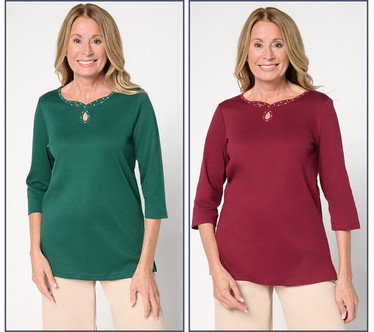 Quacker Factory Set of 2 Sparkle Keyhole 3/4-Sleeve Tops