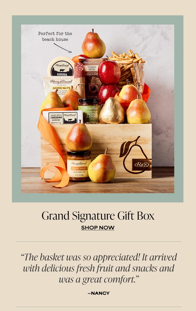 Grand Signature Gift Box - 'The basket was so appreciated! It arrived with delicious fresh fruit and snacks and was a great comfort.' - Nancy 