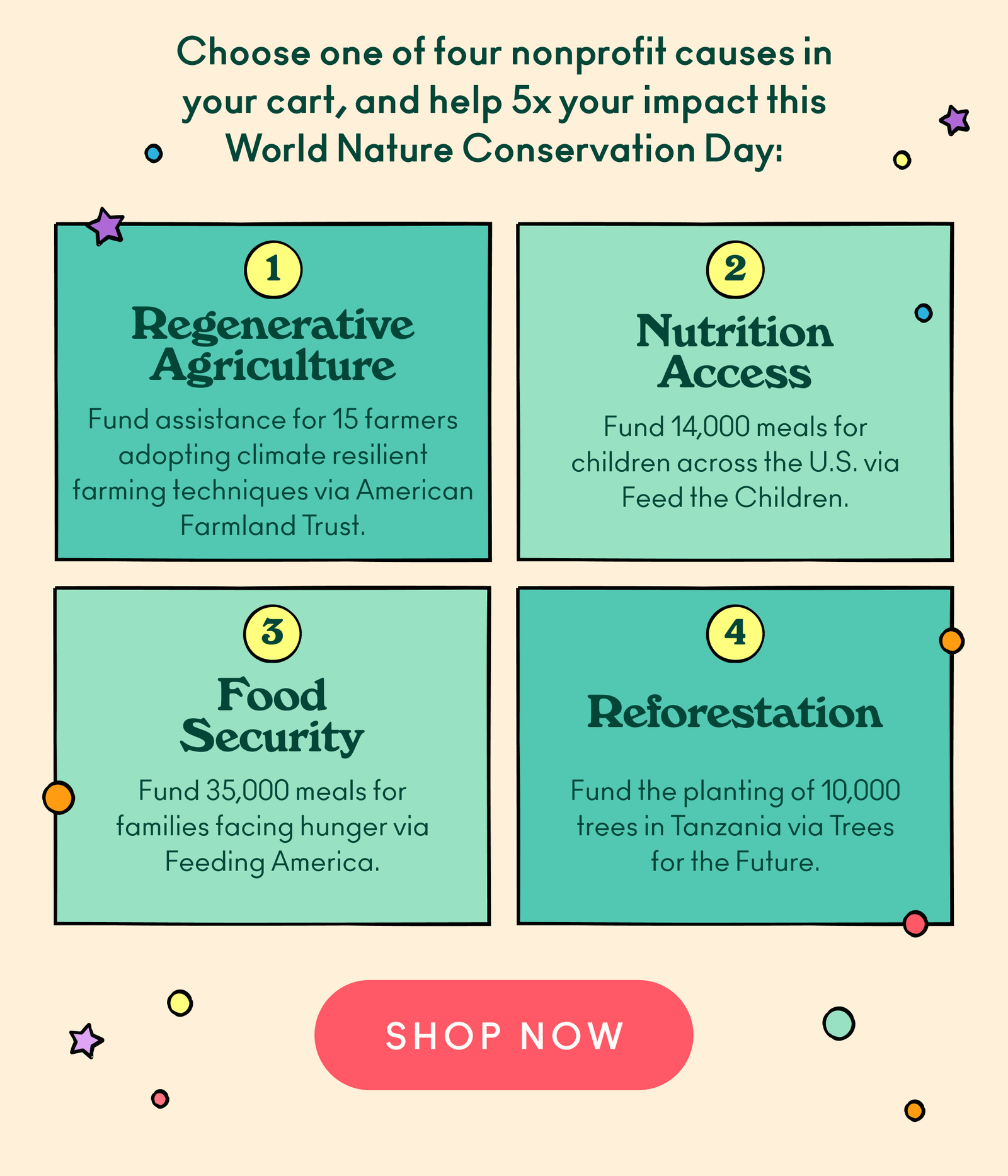 Choose from one of four nonprofit causes in your cart: Regenerative Agriculture – Fund assistance for 15 farmers adopting climate resilient farming techniques via American Farmland Trust; Nutrition Access – Fund 14,000 meals for children across the U.S. via Feed the Children; Food Security – Fund 35,000 meals for families facing hunger via Feeding America; Reforestation – Fund the planting of 10,000 trees in Tanzania via Trees for the Future.