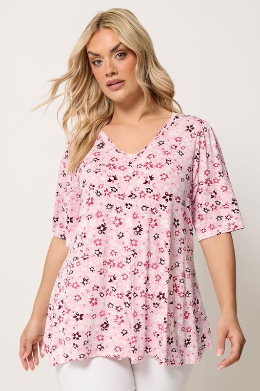 Image of YOURS Curve Pink Floral Pleat Angel Sleeve Swing Top