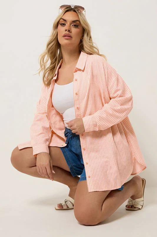 Image of YOURS Curve Orange Stripe Linen Shirt