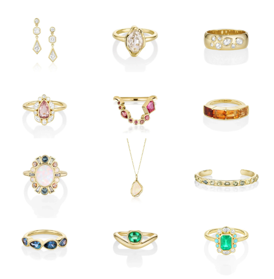 Grid of images - bast bespoke designs all featuring different gemstones and set in yellow gold.