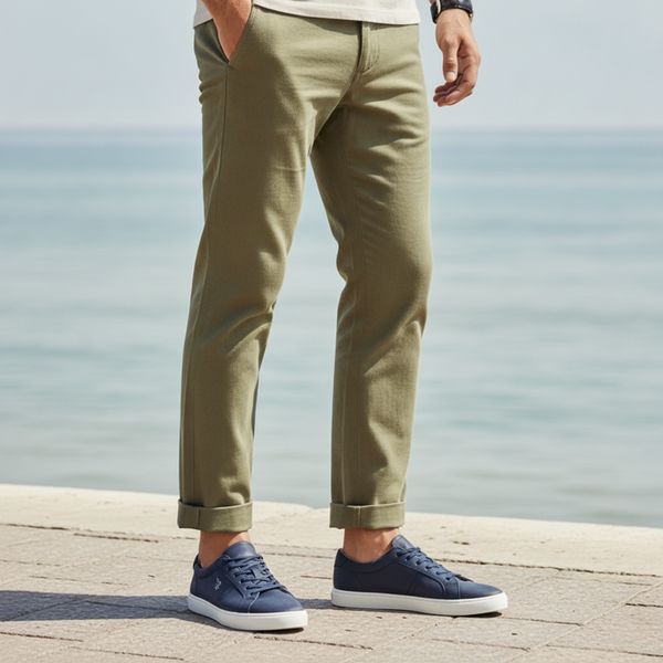 Man wearing olive chinos with rolled cuffs and navy trainers standing on a seaside promenade