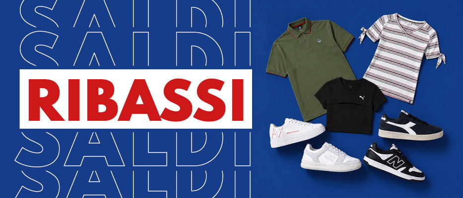 Flatlay of assorted casual shirts and trainers on a blue background beside a bold 'RIBASSI' sale sign (discounts)