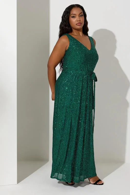 Image of YOURS LONDON  Mit Pailletten verziertes Maxikleid in GrÃ¼n mit V-Ausschnitt