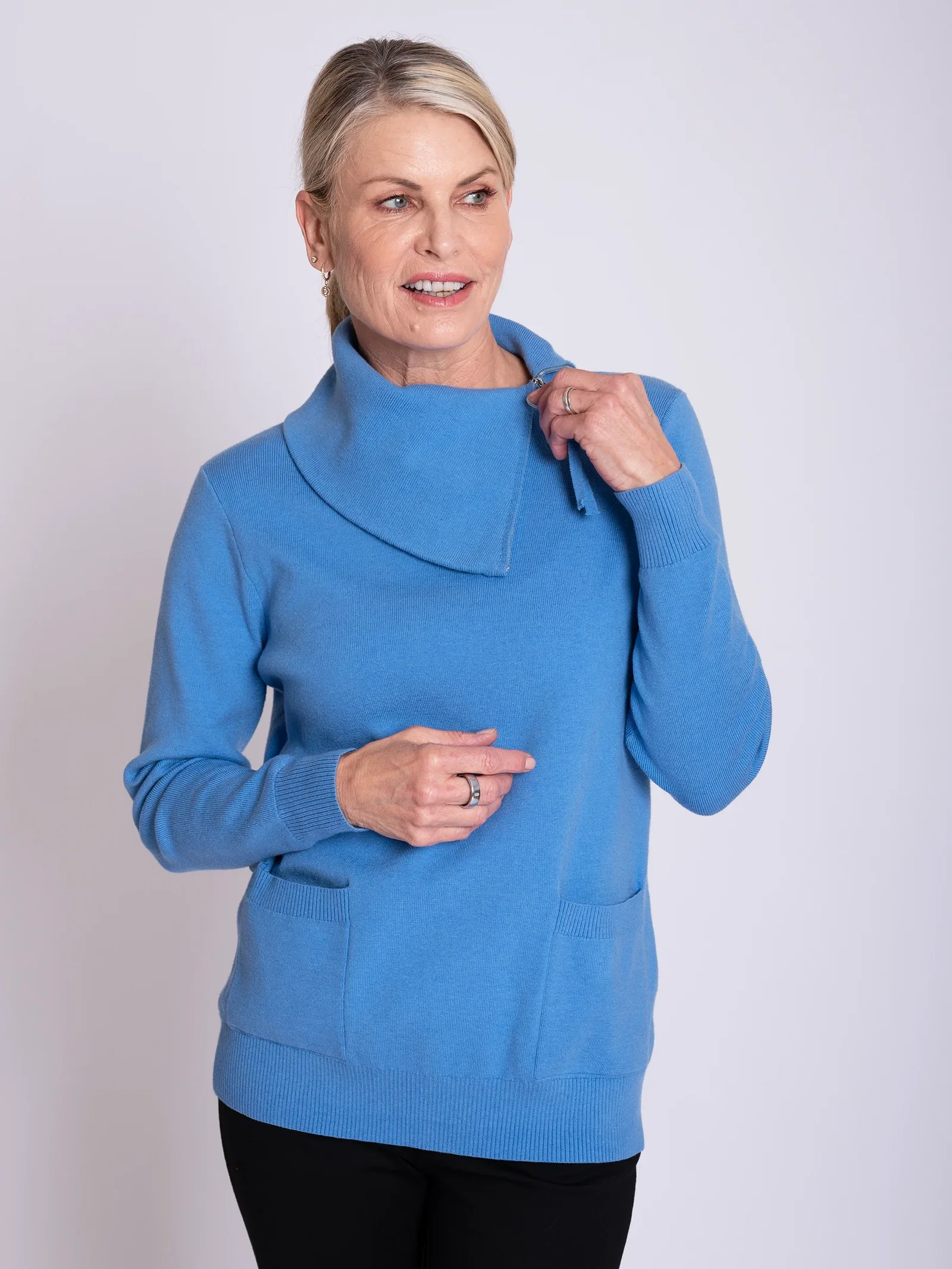 Image of Sky Blue Split Zip Collar Jumper with Pockets
